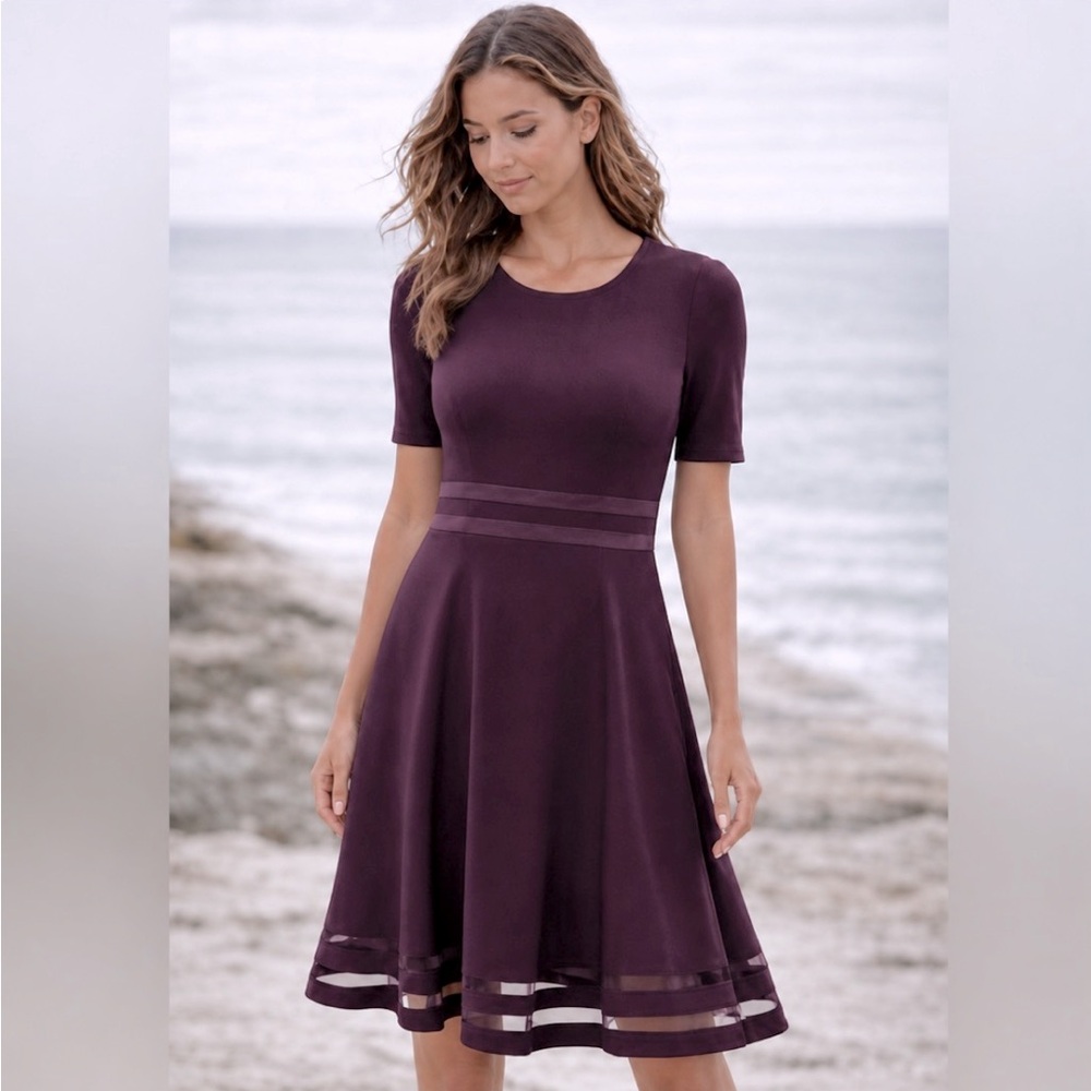 Calvin Klein Short-Sleeve Fit-and-Flare Midi Dress in Plum